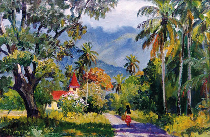 Le dicton 'A hi’o i to mou’a, ti muri te tapu ’ati , "Regarde ta montagne, derrière s’annonce un malheur", signifie qu’en permanence, il importe de surveiller "sa" montagne annonciatrice des crues destructrices de "sa" rivière.  (Tableau de Kowalski Zygmunt)