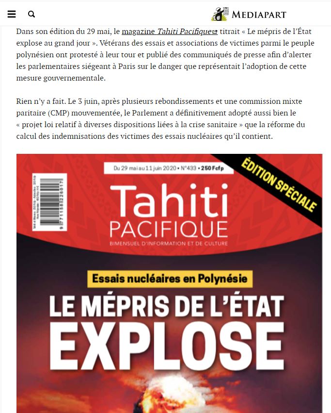 INDEMNISATION DES VICTIMES DES ESSAIS NUCLÉAIRES : Mediapart cite Tahiti Pacifique et relaye notre Une 