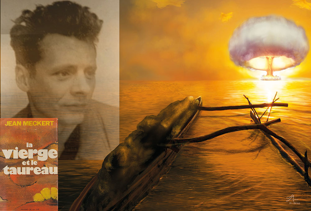 L’artiste Ā’amu signe cette superbe illustration, qui évoque ces pirogues errantes que relate Jean Meckert dans son livre, i["avec à bord des cadavres plus ou moins momifiés, aux yeux mangés par des pétrels et la poitrine percée]i i[par des balles de mitrailleuses".]i