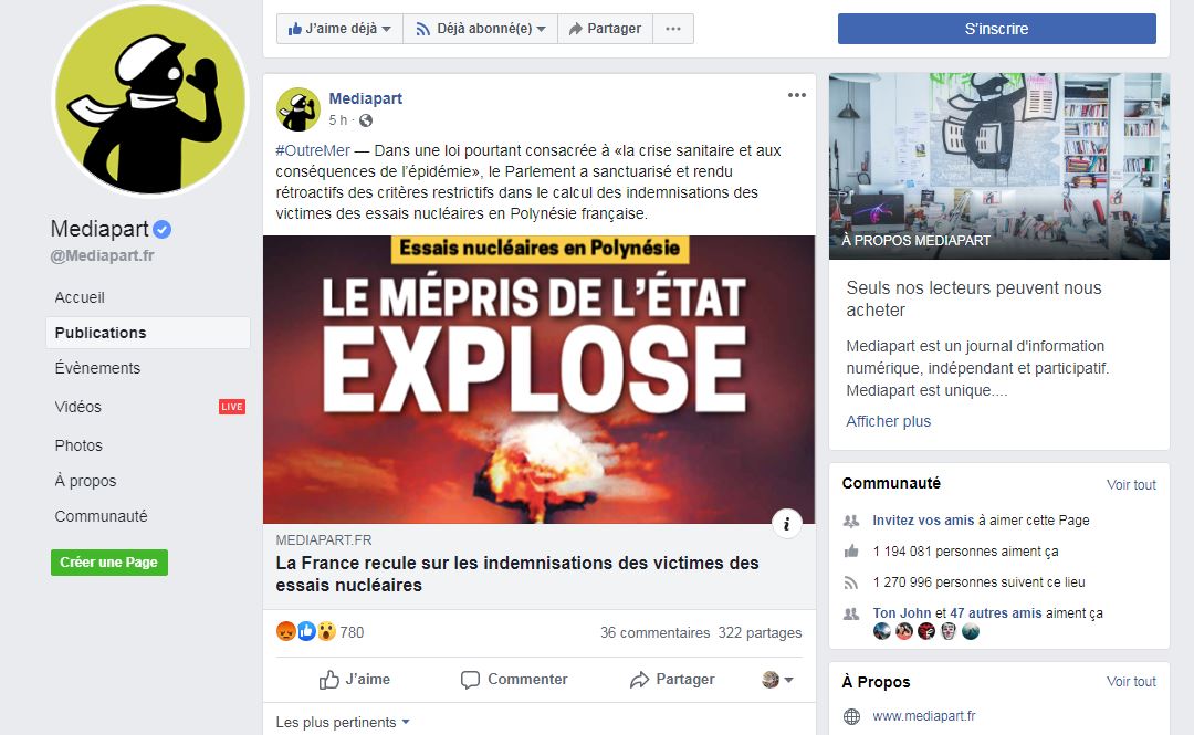 INDEMNISATION DES VICTIMES DES ESSAIS NUCLÉAIRES : Mediapart cite Tahiti Pacifique et relaye notre Une 