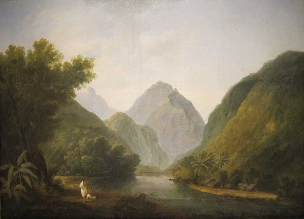 Tel était le ’āi’a où se développait le sens d’une appartenance à une famille, au groupe, une terre et au cosmos. (Vue de la vallée de Vaitepiha, Tahiti, John Webber, 1777)